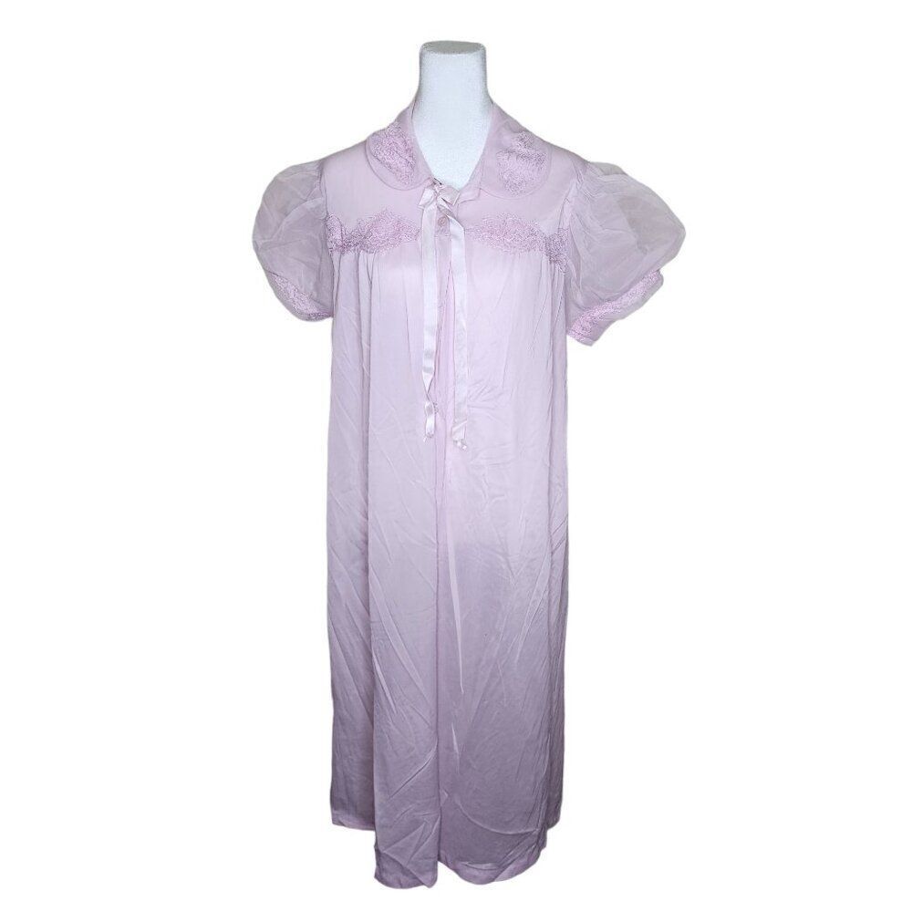 Vintage 60s Adonna Puff Sleeve Nylon Housecoat Womens Size L Pink